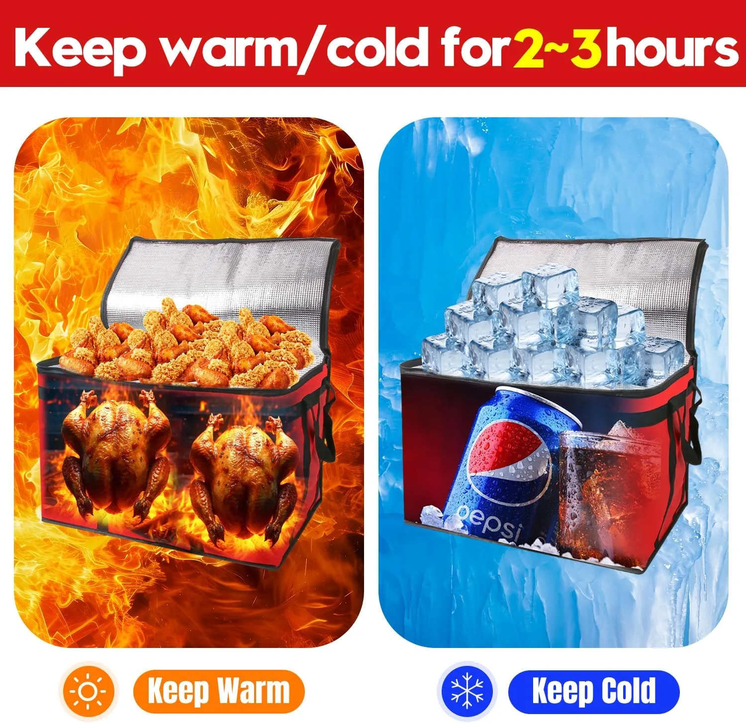1 Pack Insulated Food Delivery Bag Red Pizza Delivery Bags for Hot & Cold Food, Large Capacity Reusable Warming Bag Catering Cooler Bag for Party
