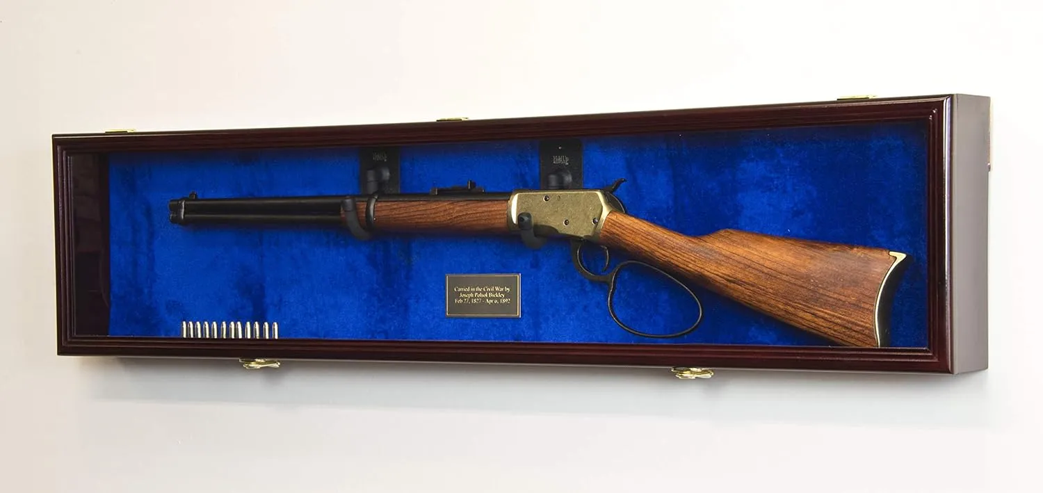 1 Rifle Gun Display Case Cabinet Wall Rack Holder – 44.5” Long Case - Lockable (Cherry Finish - Blue Felt)