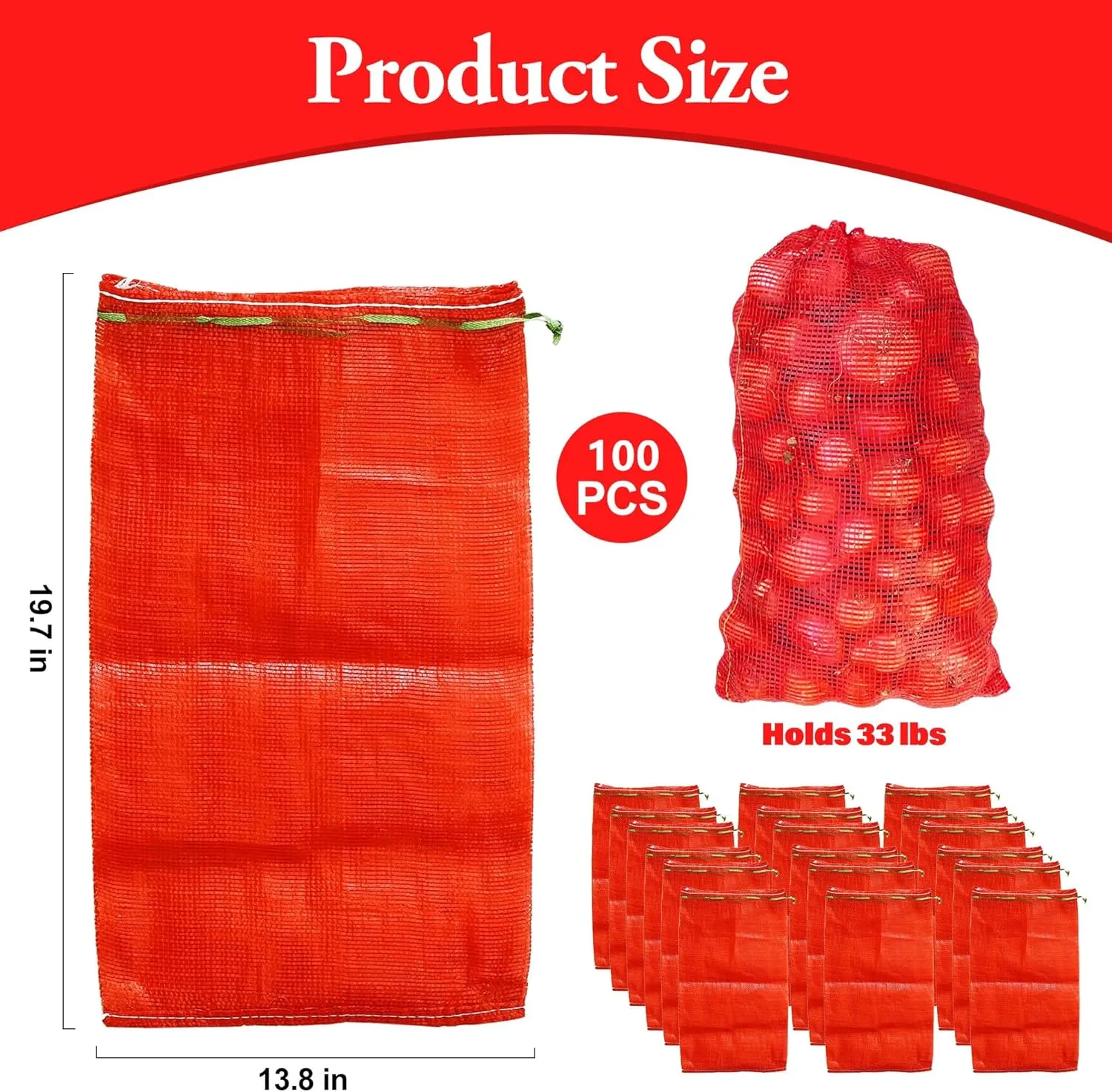 100 Pack 20'' x 14'' Mesh Onion Bags, Reusable Drawstring Fresh Produce Storage Bags for Onions, Vegetables, Potatoes, Citrus, Crawfish Firewood
