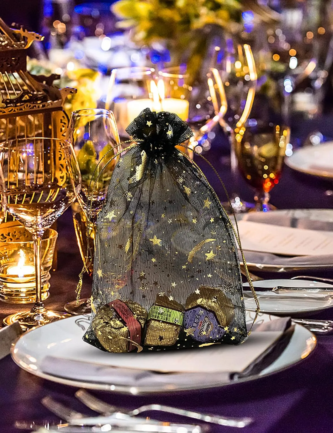 100PCS Black Organza Bags 4X6 with Drawstring Jewelry Bags Small Moon Star Mesh Bags for Wedding Party Favor Candy Bags