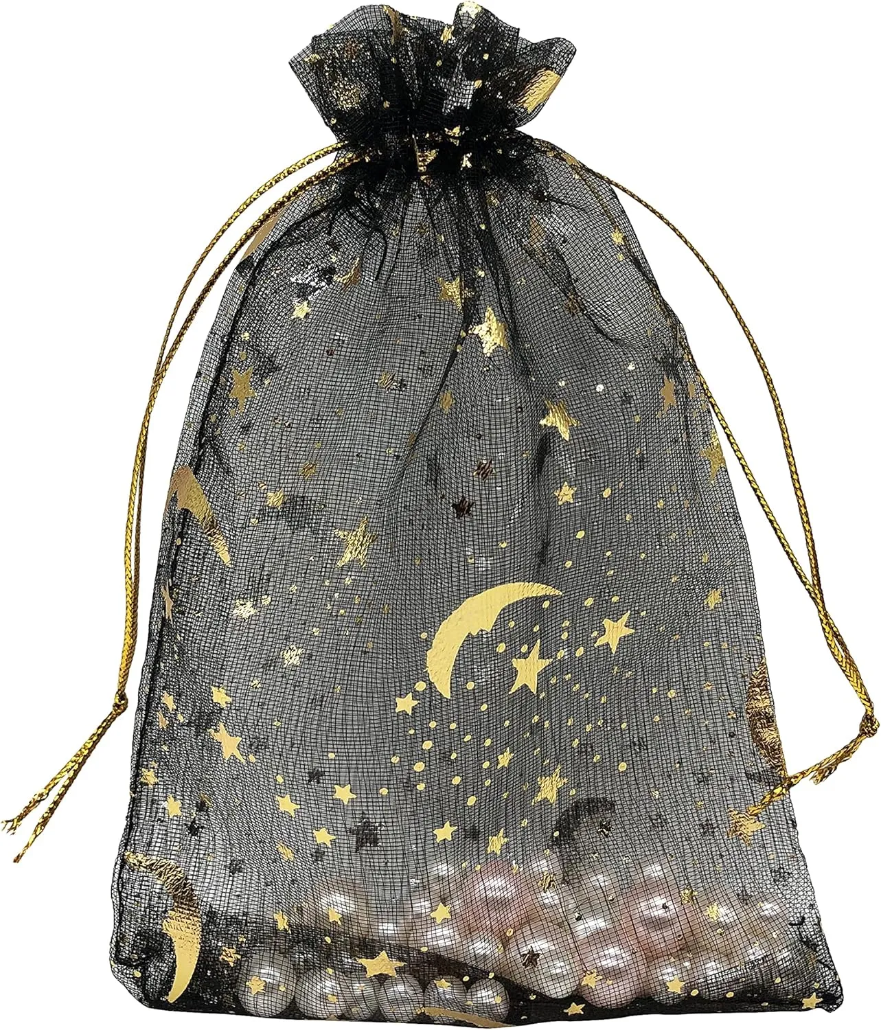 100PCS Black Organza Bags 4X6 with Drawstring Jewelry Bags Small Moon Star Mesh Bags for Wedding Party Favor Candy Bags