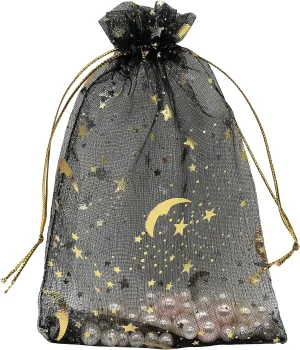 100PCS Black Organza Bags 4X6 with Drawstring Jewelry Bags Small Moon Star Mesh Bags for Wedding Party Favor Candy Bags