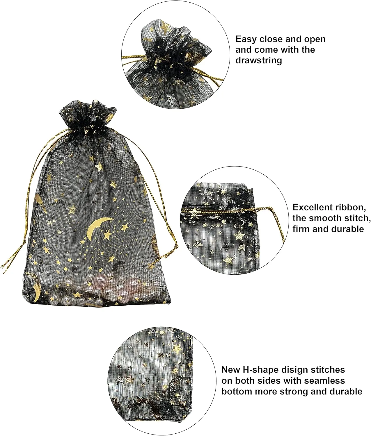 100PCS Black Organza Bags 4X6 with Drawstring Jewelry Bags Small Moon Star Mesh Bags for Wedding Party Favor Candy Bags