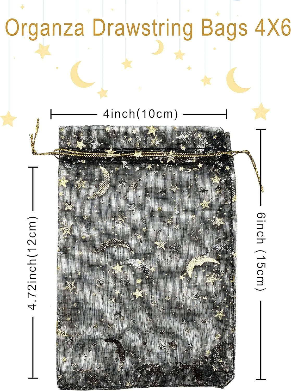 100PCS Black Organza Bags 4X6 with Drawstring Jewelry Bags Small Moon Star Mesh Bags for Wedding Party Favor Candy Bags