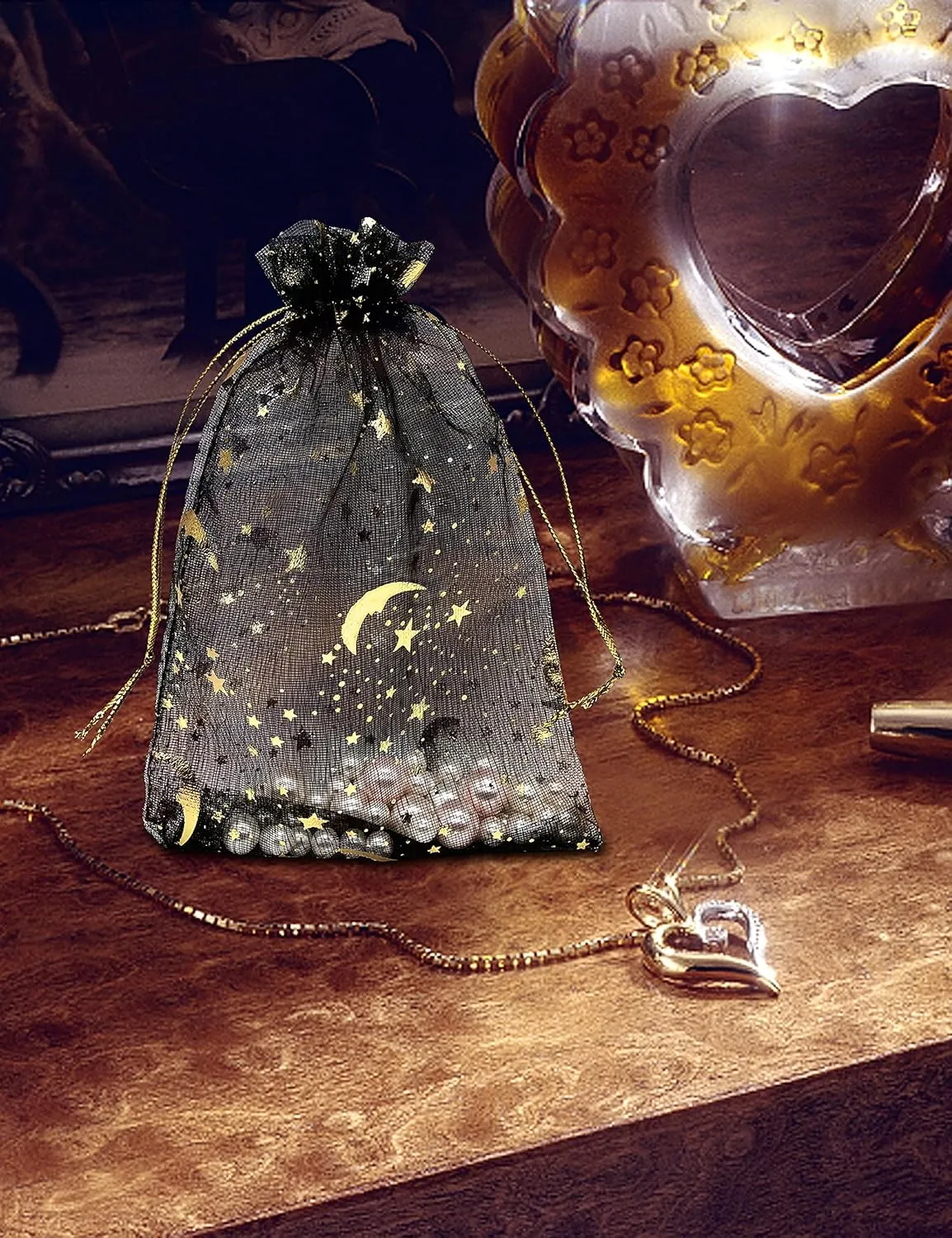100PCS Black Organza Bags 4X6 with Drawstring Jewelry Bags Small Moon Star Mesh Bags for Wedding Party Favor Candy Bags