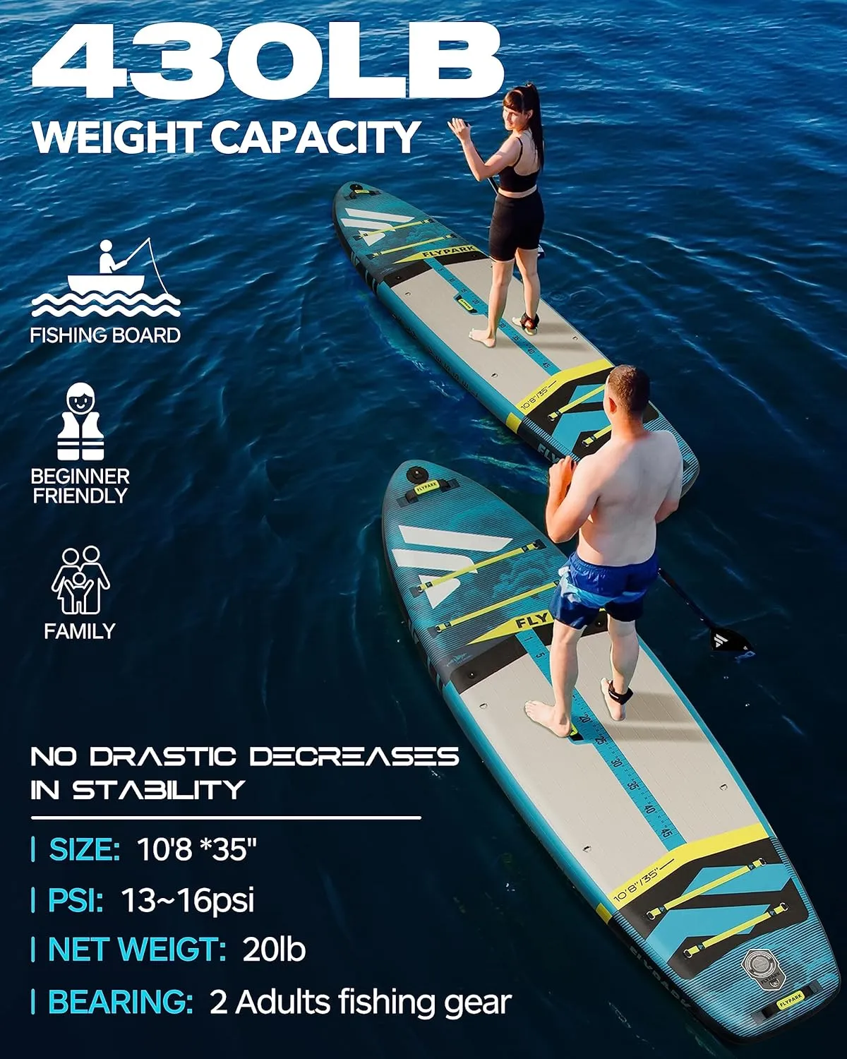 10'8/11'x35'' Fishing&Family Stable Inflatable Paddle Boards, Extra Wide SUP Paddleboard Inflatable, 430lb/3 People, Stand Up Paddle Board for Adults, Camera Mount, Shoulder Strap, Rod Holder
