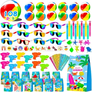 108Pcs Pool Party Favors and Beach Toys for Kids 3-8 8-12, Party Bag Stuffers Set with Beach Balls, Sunglasses, Bubble Wands, More for Pool Games Birthday Party Favors End of Year Student Gifts