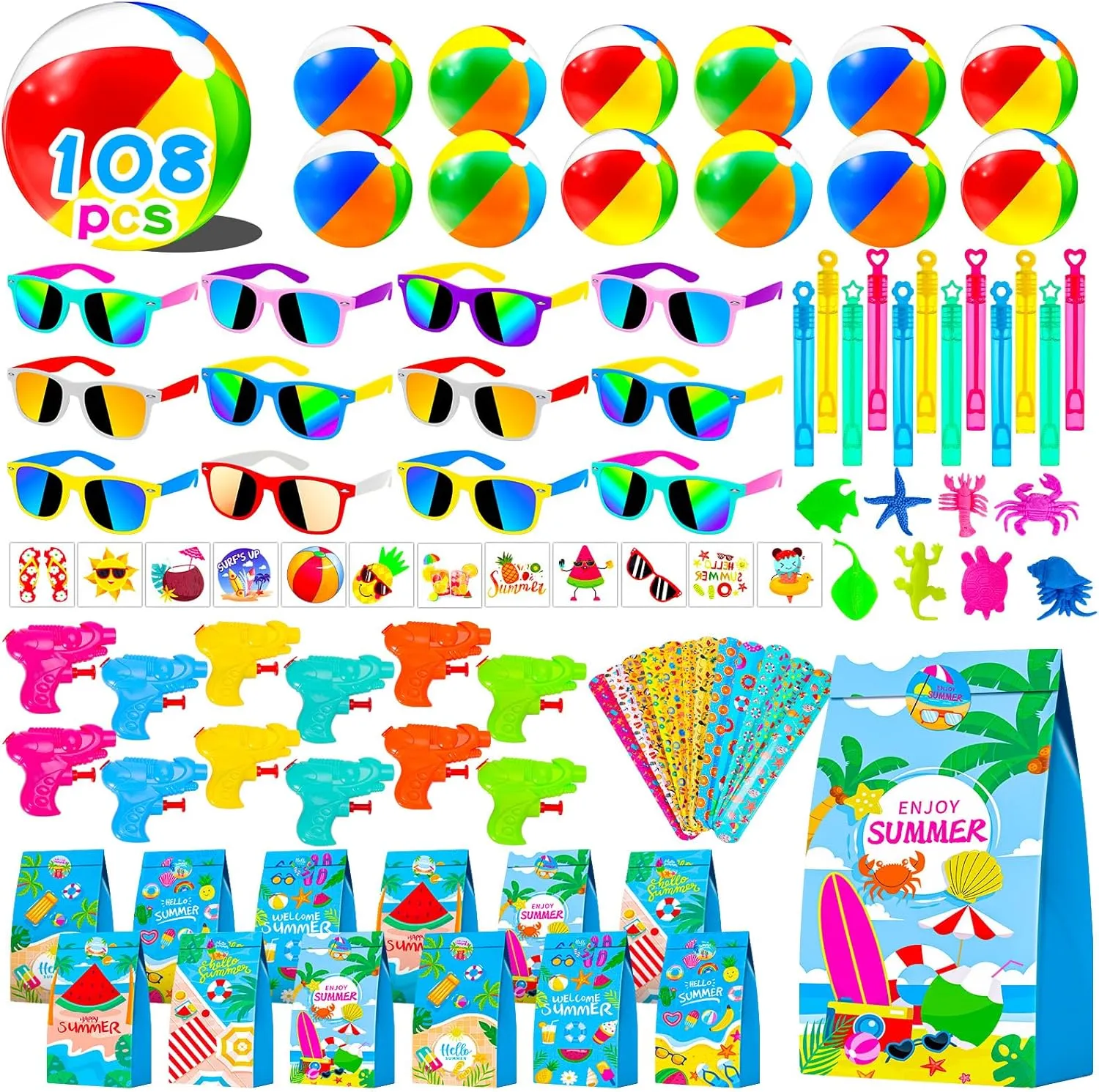 108Pcs Pool Party Favors and Beach Toys for Kids 3-8 8-12, Party Bag Stuffers Set with Beach Balls, Sunglasses, Bubble Wands, More for Pool Games Birthday Party Favors End of Year Student Gifts