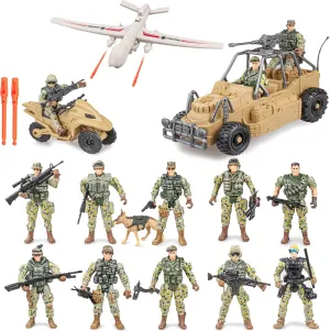 10PCS US Army Men Action Figures with SWAT Team, K9 Dog, ATV, Drone, Motorcycle & 14 Weapons - Military Action Figures, Army Toys, Toy Soldiers Playset for Kids
