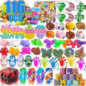 116 Pcs Pop Party Favors for Kids, Fidget Treasure Box Toys, Classroom Prizes, Pinata Filler Goody Bag Stuffers, Treasure Chest, Carnival Prize Box Toys for Boys Girls, Easter Basket Eggs Fillers