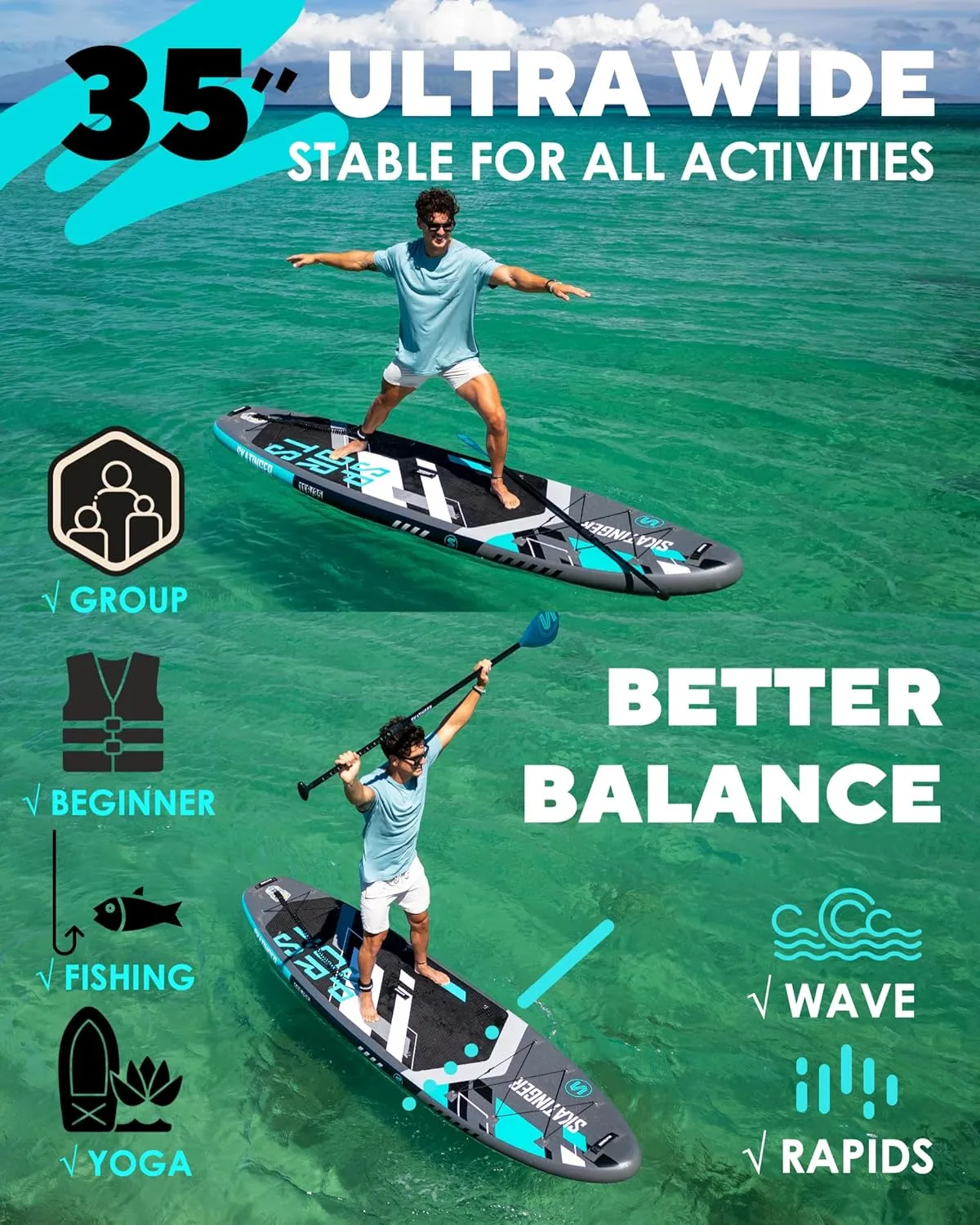 11'6×35" Super Wide Inflatable Paddle Board, Ultra Stable Stand Up Paddleboards for 450lb/3 People/Family/Big Size w/Shoulder Strap, 100L Backpack, All-Round Sup Board, US Fin