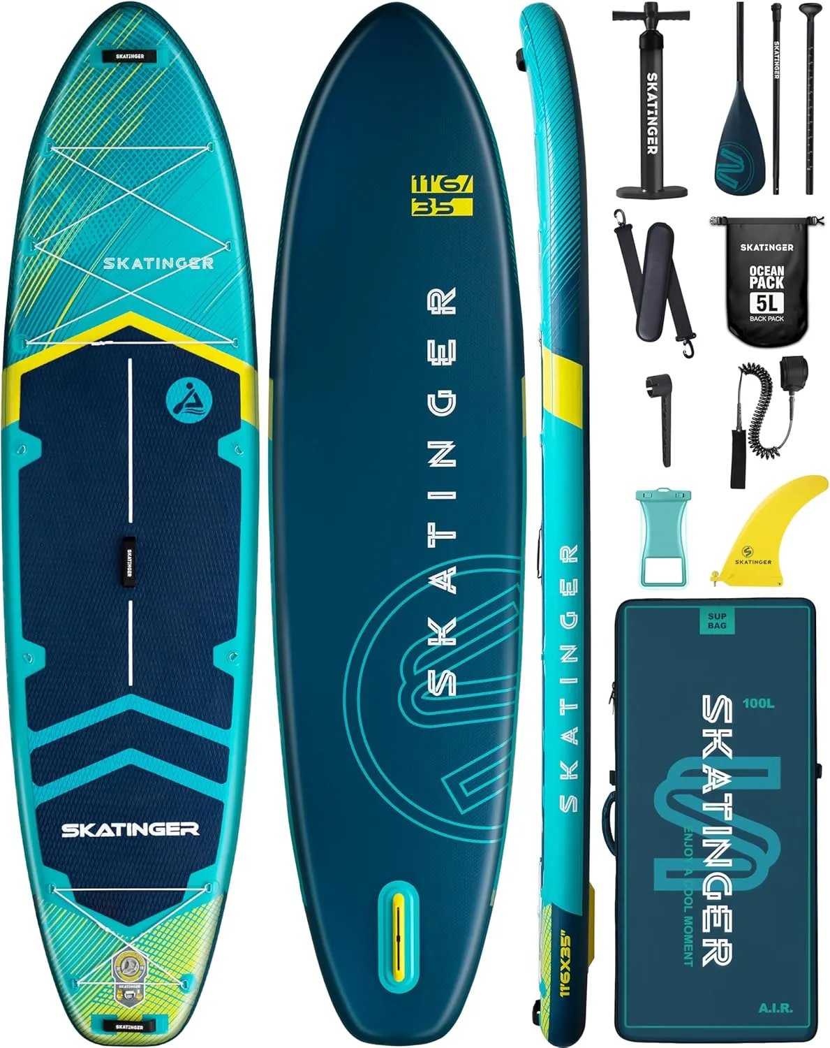 11'6×35" Super Wide Inflatable Paddle Board, Ultra Stable Stand Up Paddleboards for 450lb/3 People/Family/Big Size w/Shoulder Strap, 100L Backpack, All-Round Sup Board, US Fin