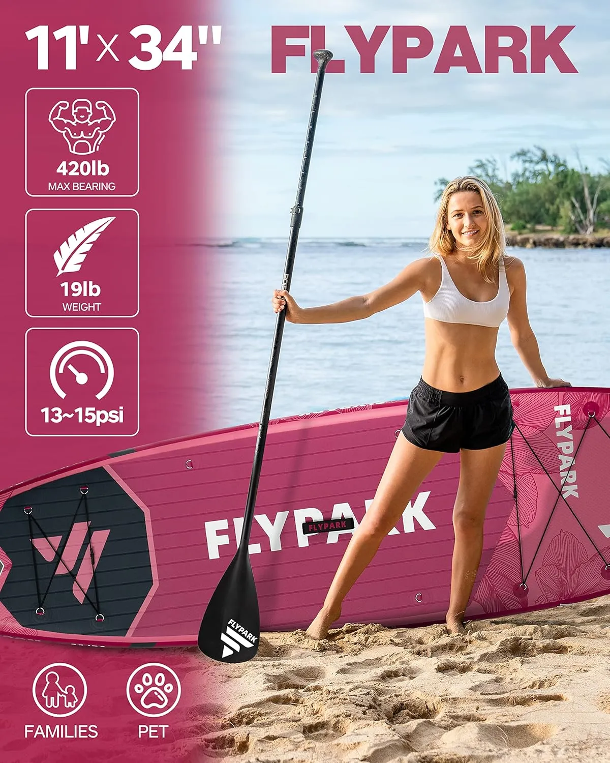 11'x34 Inflatable Paddle Boards, Extra Wide SUP for 420lbs/3Adults, Yoga Stand Up Paddle Board, 110L Backpack, 15 D-Rings, Shoulder Strap, US-Fin, 2-Action Pump