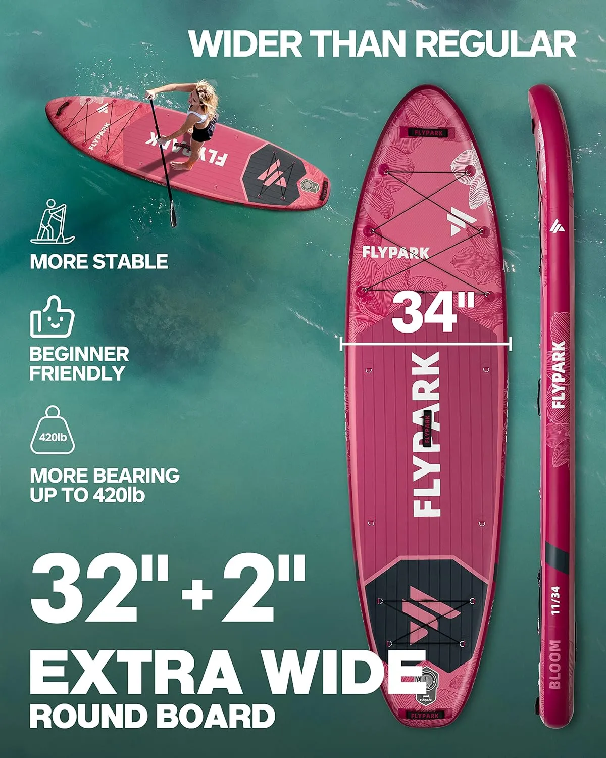 11'x34 Inflatable Paddle Boards, Extra Wide SUP for 420lbs/3Adults, Yoga Stand Up Paddle Board, 110L Backpack, 15 D-Rings, Shoulder Strap, US-Fin, 2-Action Pump
