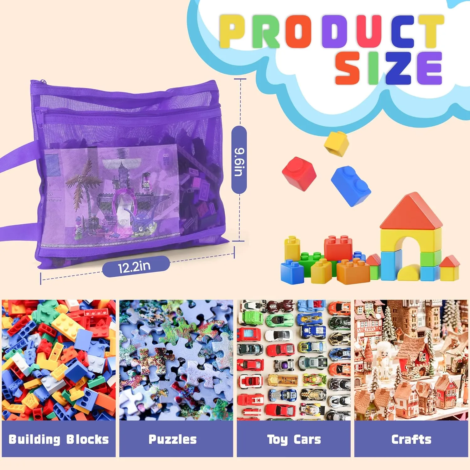 12 Pack Colored Mesh Zipper Pouch Bags, A4 Double-Layer Nylon Handle Breathable Clear Zipper Bags, Building Blocks Board Puzzles Sets Toy Organizers and Storage for Home Office