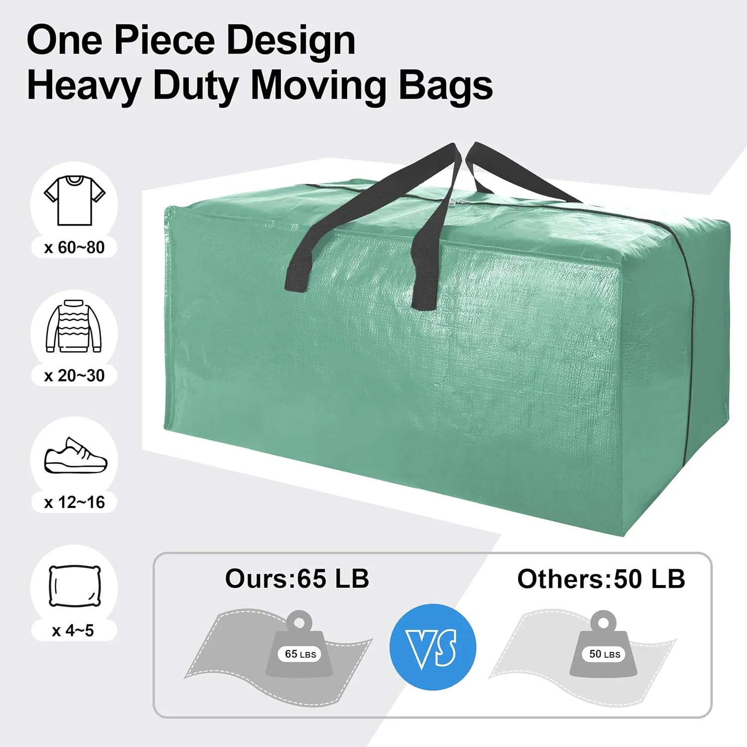 12 Pack Heavy Duty Large Moving Bags W/Backpack Straps - Strong Handles & Zippers, Storage Totes For Space Saving, Fold Flat, Alternative to Moving Box and Storage Bin, Teal