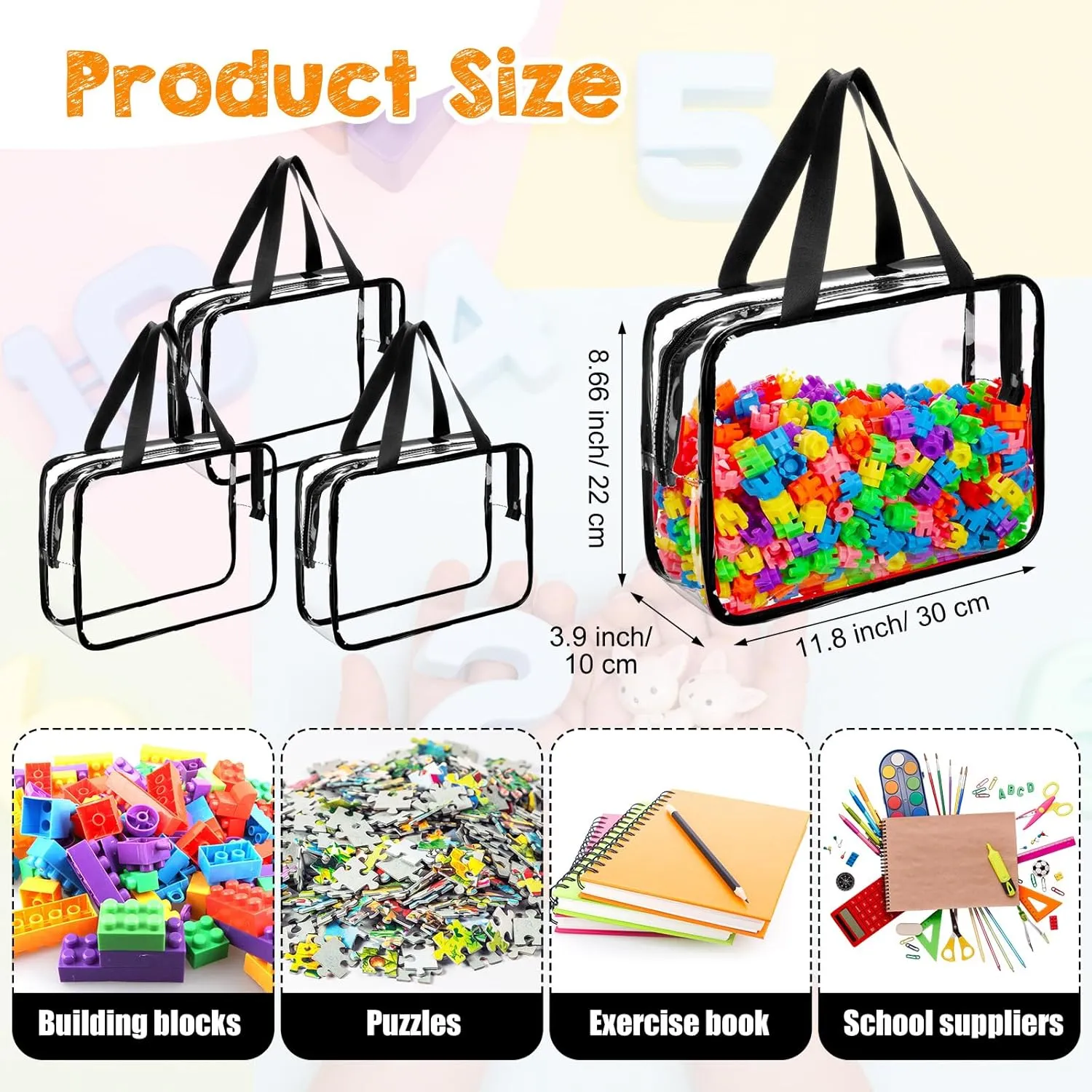 12 Pieces Large Toy Storage Bags PVC Clear Organizing Storage Bags with Zipper Waterproof Toy Organizer for Building Blocks Puzzle Kids Books(Black)