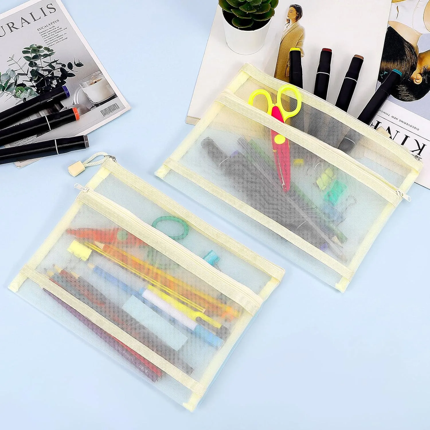 12 Pieces Zipper Nylon Mesh Pouch, Mesh Cosmetic Bags Makeup Bags Pencil Case, Multipurpose Travel Bags for Cosmetic School Office Supplies and Travel Accessories (2 Layers-Beige, A5)