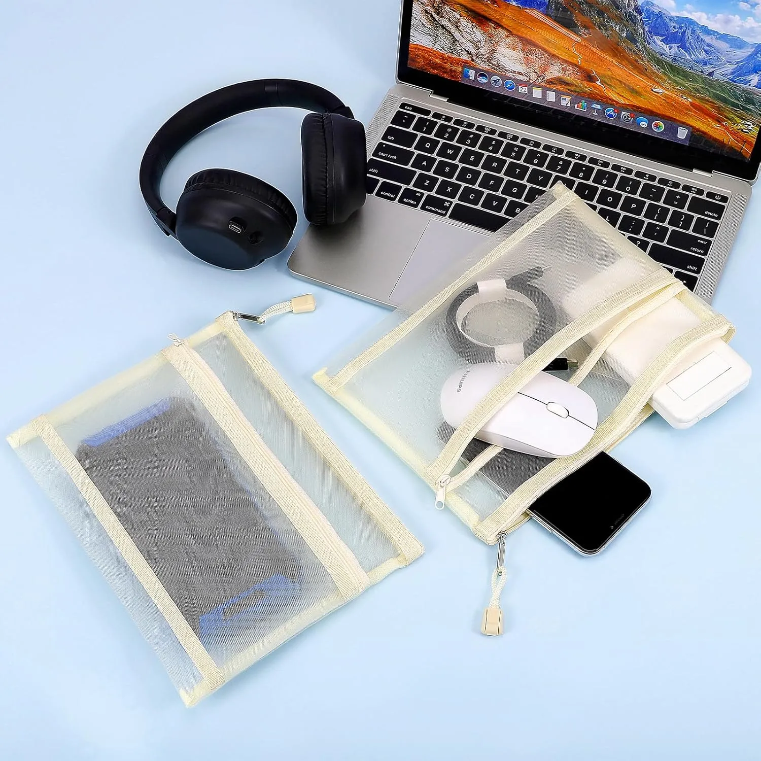 12 Pieces Zipper Nylon Mesh Pouch, Mesh Cosmetic Bags Makeup Bags Pencil Case, Multipurpose Travel Bags for Cosmetic School Office Supplies and Travel Accessories (2 Layers-Beige, A5)