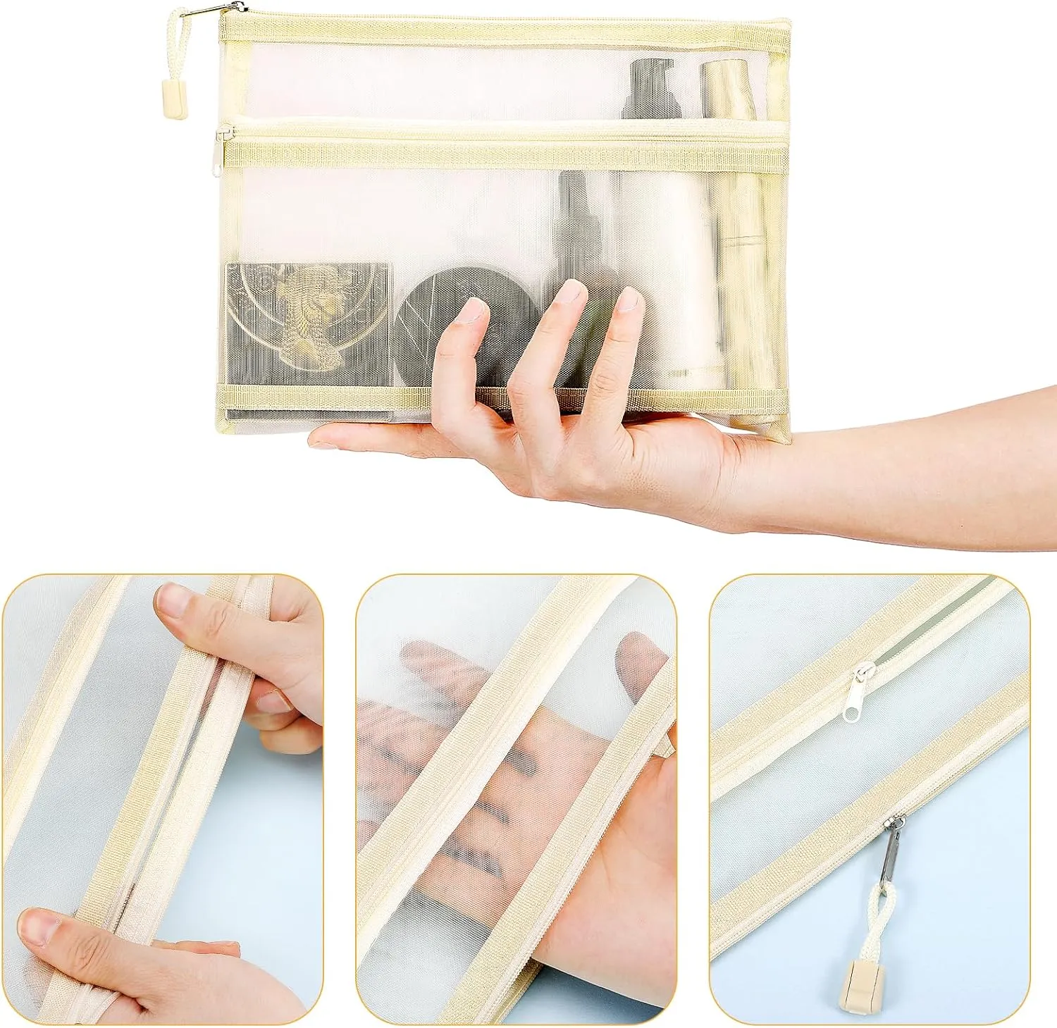 12 Pieces Zipper Nylon Mesh Pouch, Mesh Cosmetic Bags Makeup Bags Pencil Case, Multipurpose Travel Bags for Cosmetic School Office Supplies and Travel Accessories (2 Layers-Beige, A5)