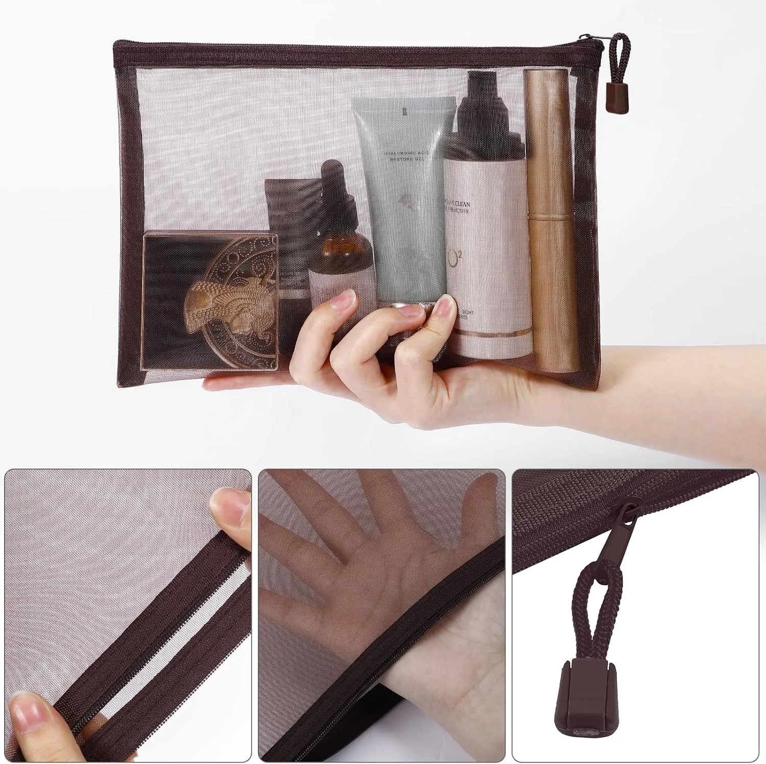 12 Pieces Zipper Nylon Mesh Pouch, Mesh Cosmetic Bags Makeup Bags Pencil Case, Multipurpose Travel Bags for Cosmetic School Office Supplies and Travel Accessories (Coffee, A5)