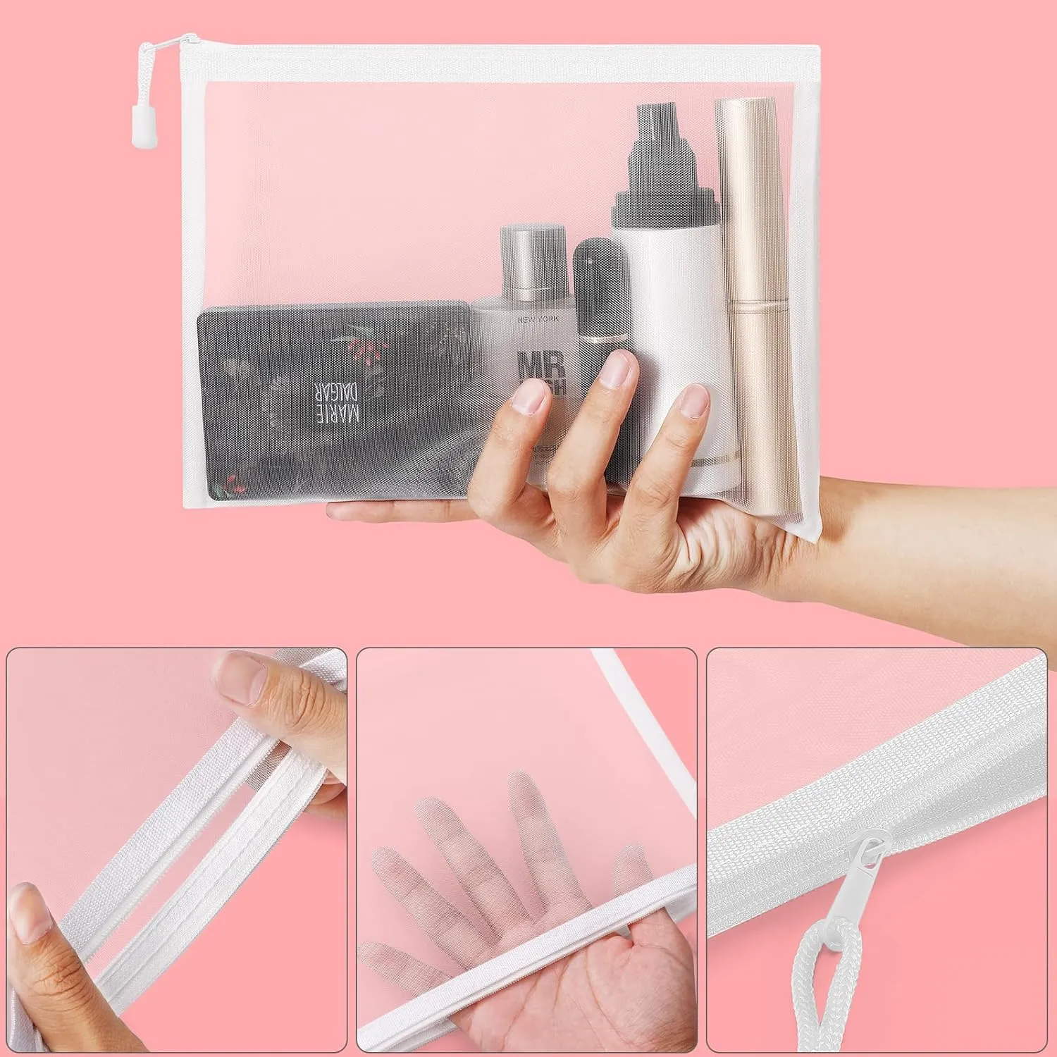 12 Pieces Zipper Nylon Mesh Pouch, Mesh Cosmetic Bags Makeup Bags Pencil Case, Multipurpose Travel Bags for Cosmetic School Office Supplies and Travel Accessories (White, A5)