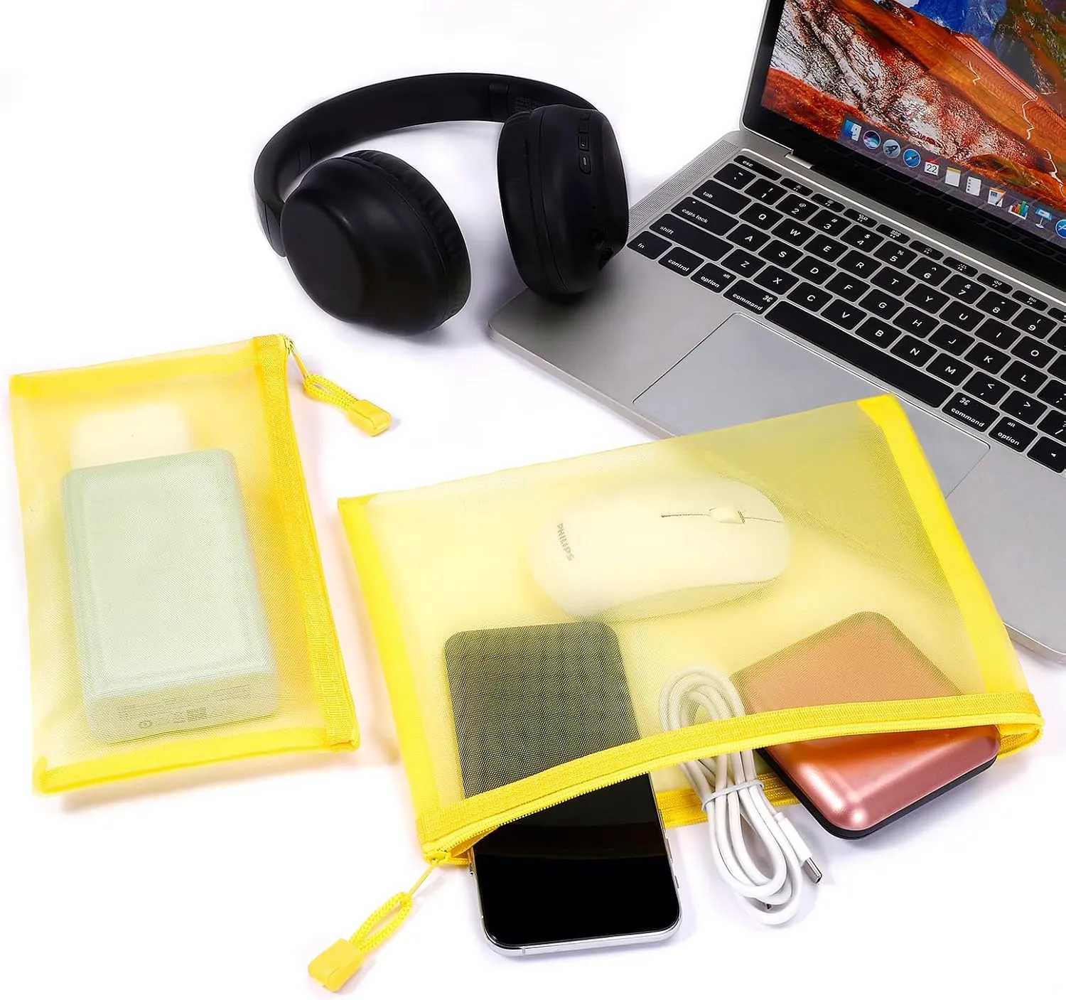 12 Pieces Zipper Nylon Mesh Pouch, Mesh Cosmetic Bags Makeup Bags Pencil Case, Multipurpose Travel Bags for Cosmetic School Office Supplies and Travel Accessories (Yellow, A5)