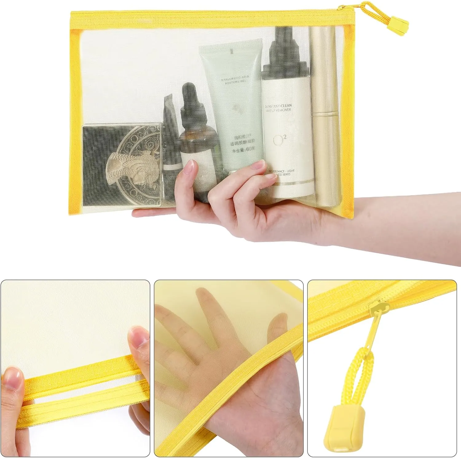 12 Pieces Zipper Nylon Mesh Pouch, Mesh Cosmetic Bags Makeup Bags Pencil Case, Multipurpose Travel Bags for Cosmetic School Office Supplies and Travel Accessories (Yellow, A5)