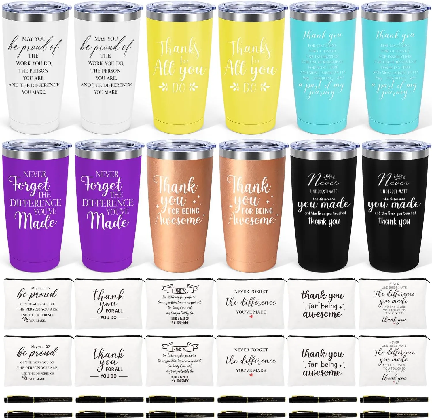 12 Set Employee Appreciation Gifts Bulk, Gift for Coworkers Teachers Nurses, 12OZ Inspirational Stainless Steel Tumbler Makeup Bags Pen Thank You Gifts For Women Men Team Staffs