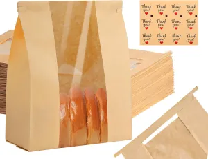 120 Bread Bags for Homemade Bread, Sourdough Bread Bags with Window 14" X 8.3" X 3.5" Paper Bag with Tin Tie Tab Lock Stickers Large Bakery Bag for Food Cookies Packaging Storage