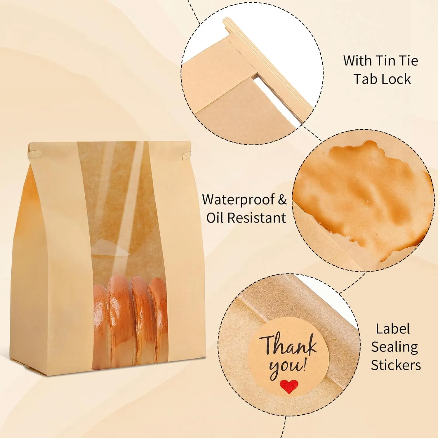 120 Bread Bags for Homemade Bread, Sourdough Bread Bags with Window 14" X 8.3" X 3.5" Paper Bag with Tin Tie Tab Lock Stickers Large Bakery Bag for Food Cookies Packaging Storage