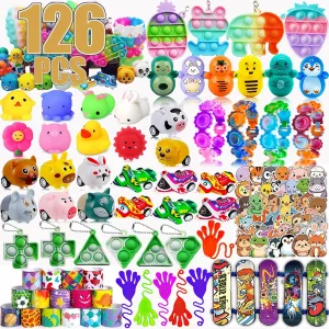 126 Pcs Party Favors for Kids, Pop Fidget Toys, Treasure Box Toys, Classroom Prizes, Pinata Filler Goodie Bag Stuffers, Treasure Chest, Carnival Prize Box Toys for Boys Girls 4-8-12