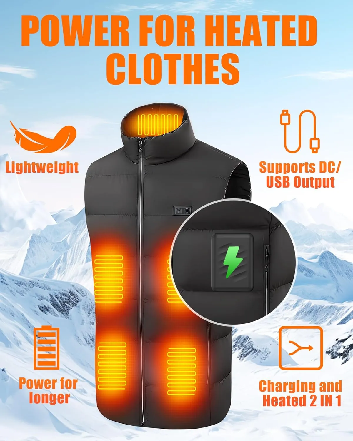 12V 20000mAh Heated Vest Battery Pack for Heating Jacket Coat Pants Underwear, DC Port Heated Clothing Replacement Battery Pack