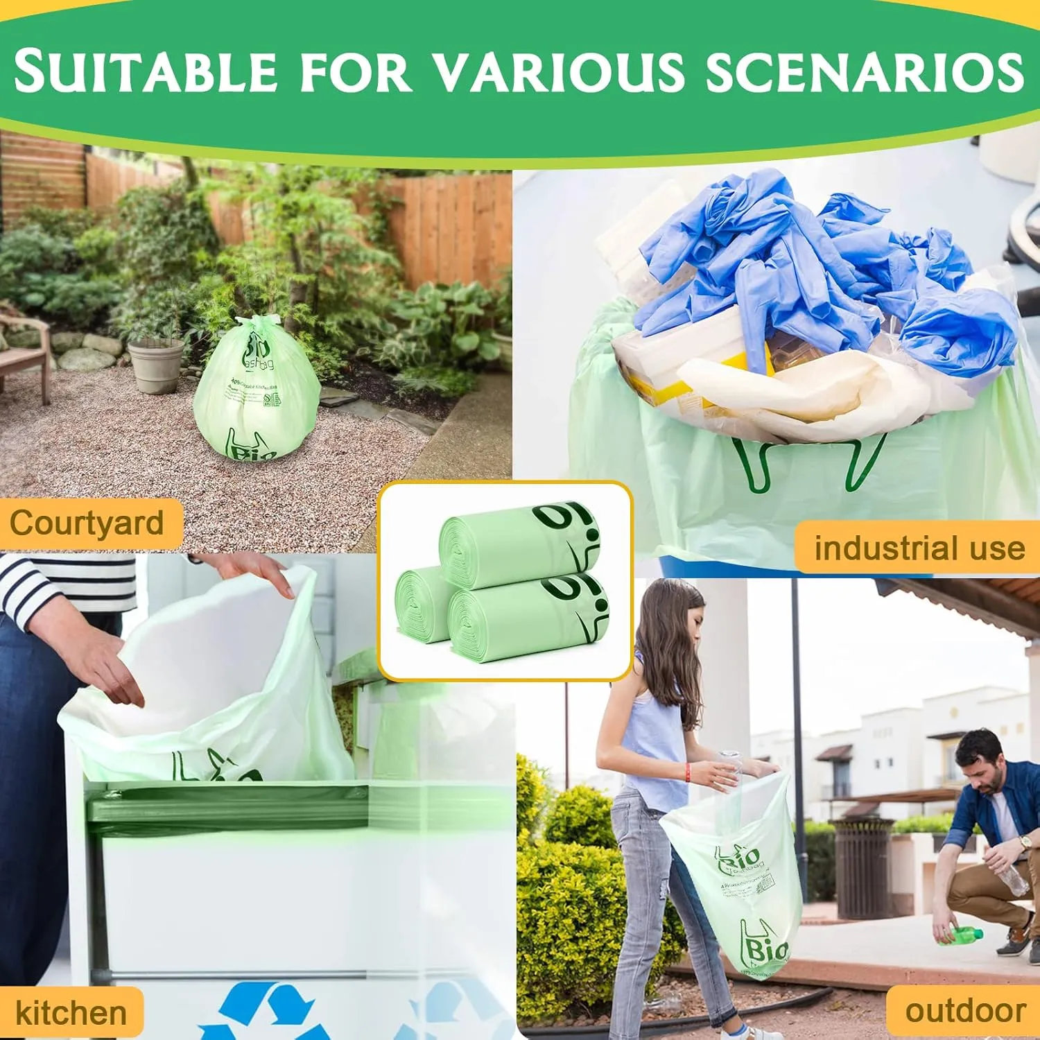 13 Gallon Compostable Trash Bags Biodegradable, Tall Kitchen Large Garbage Bags, 100 Count, Heavy Duty 49.2 Liter, Compost Food Waste Bags, US BPI and Europe OK Compost Home Certifi