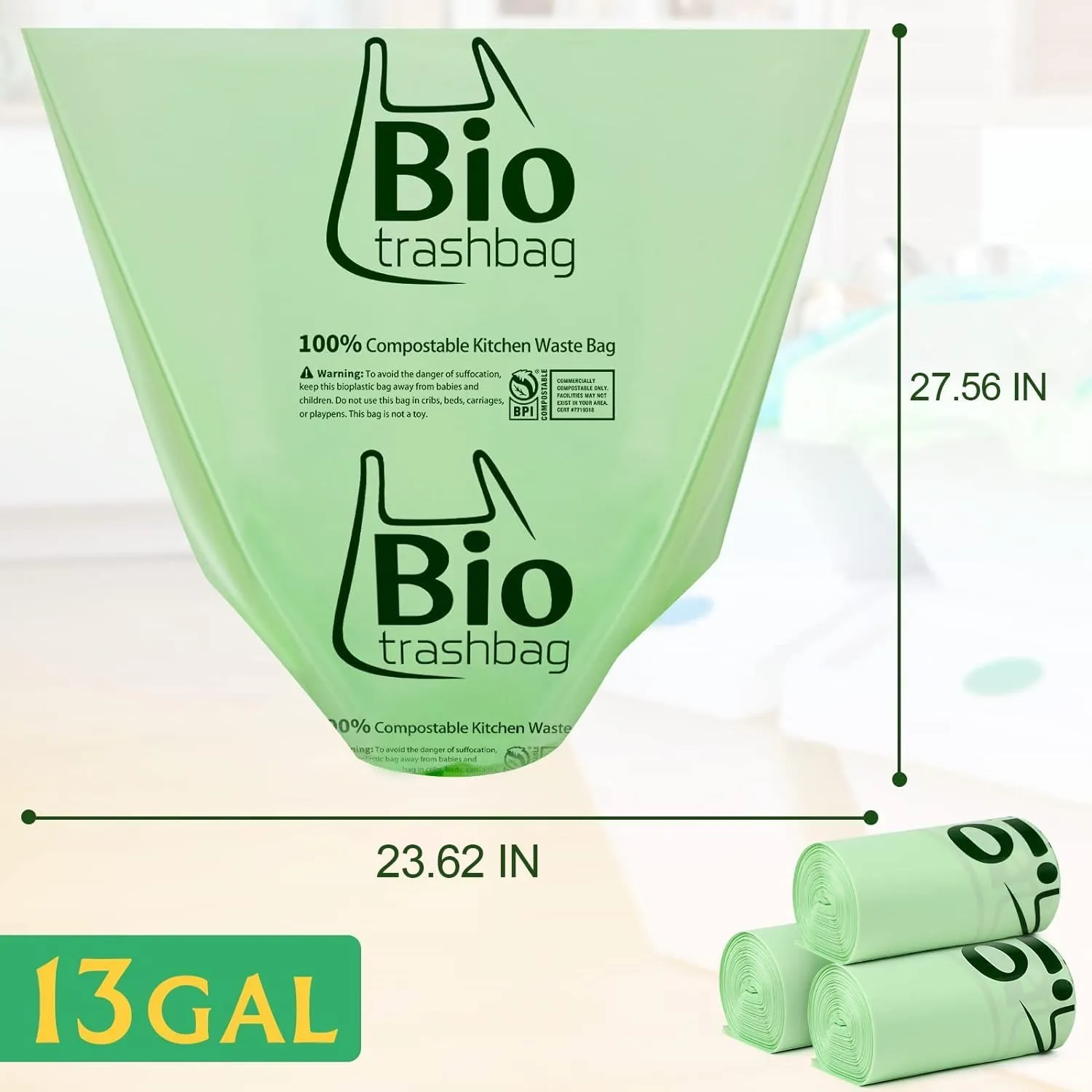 13 Gallon Compostable Trash Bags Biodegradable, Tall Kitchen Large Garbage Bags, 100 Count, Heavy Duty 49.2 Liter, Compost Food Waste Bags, US BPI and Europe OK Compost Home Certifi