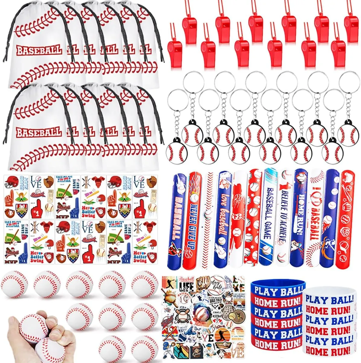 134 PCS Baseball Party Favors, 12 Set Goodie Bag, Mini Stress Balls, Baseball Stickers, Rubber Bracelets, Keychain, Tattoo Stickers, Slap Bracelets, Whistle for Baseball Themed Party Supplies