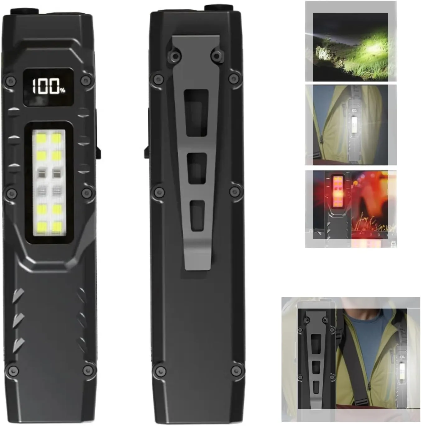 1400-Lumen EDC Flat Flashlight with Clip, USB-C Rechargeable Pocket Flashlight with White/UV/Red LEDs, IPX44 Waterproof Compact Light for Camping, Emergency, Checking (Digital Battery Display)