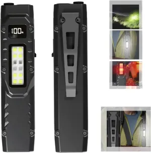 1400-Lumen EDC Flat Flashlight with Clip, USB-C Rechargeable Pocket Flashlight with White/UV/Red LEDs, IPX44 Waterproof Compact Light for Camping, Emergency, Checking (Digital Battery Display)