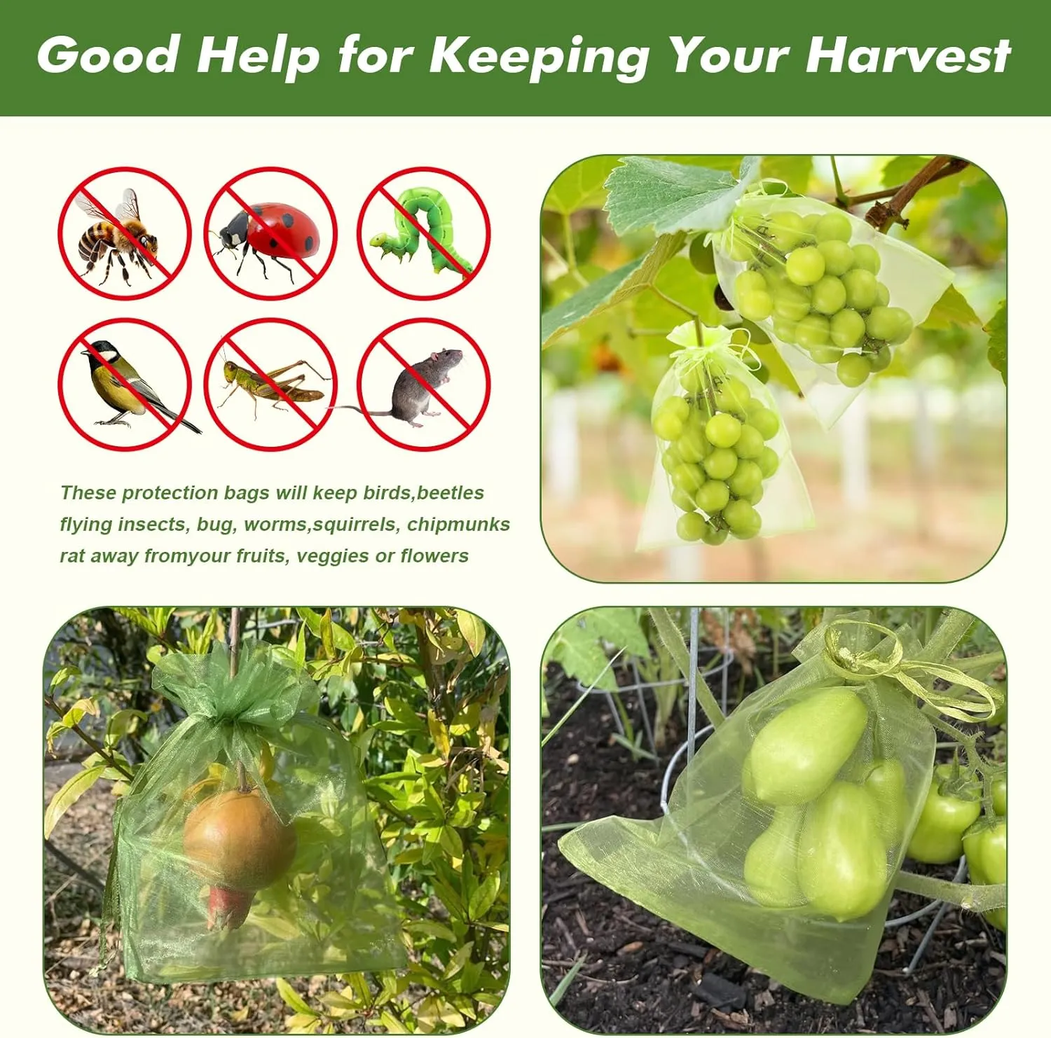 150 Pcs Fruit Protection Bags - 6.5 x 9 Inch Green Netting Bags with Drawstring for Trees & Vegetables