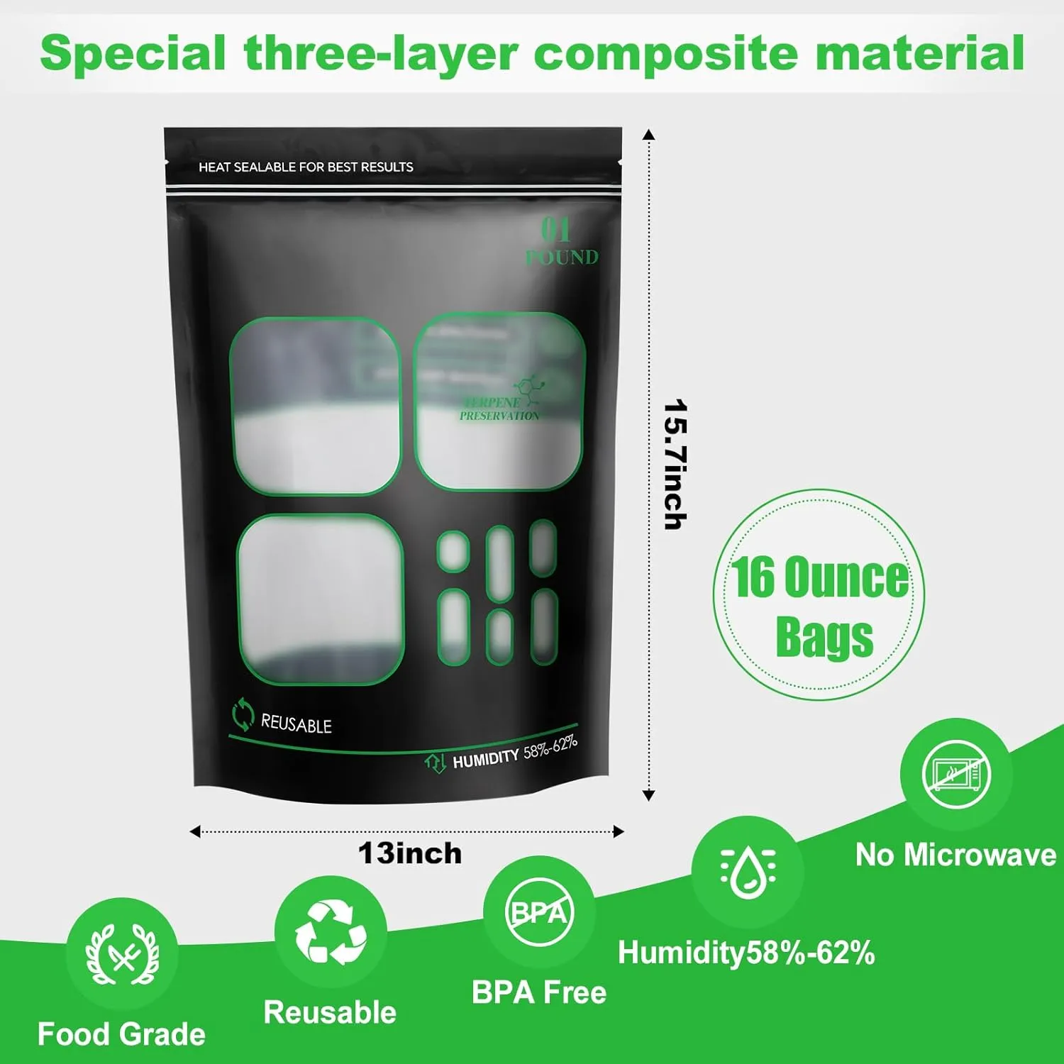 16 PCS 1POUNDStorage bags with 58%-62% 2-Way Humidity Control,Lock & Seal Storage Heat Sealable Fresh Bags,Resealable Heat Sealable upright (16)