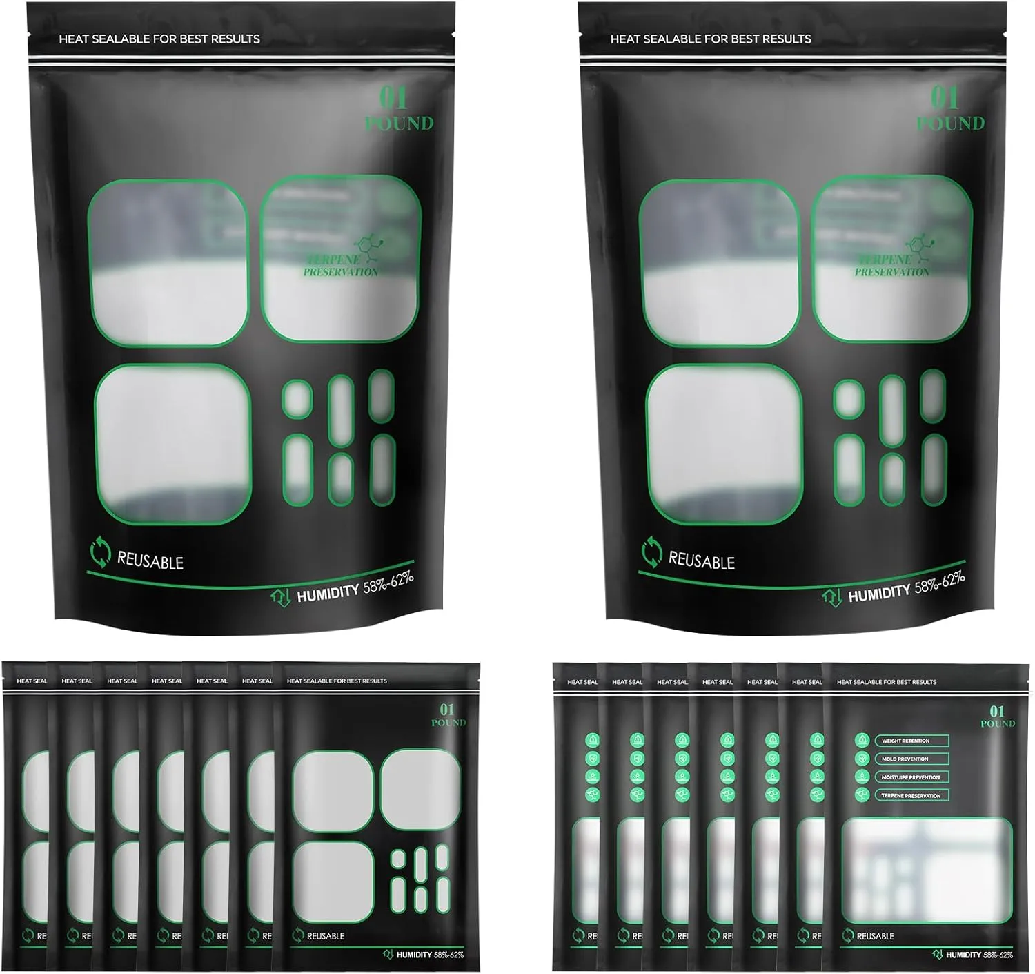 16 PCS 1POUNDStorage bags with 58%-62% 2-Way Humidity Control,Lock & Seal Storage Heat Sealable Fresh Bags,Resealable Heat Sealable upright (16)