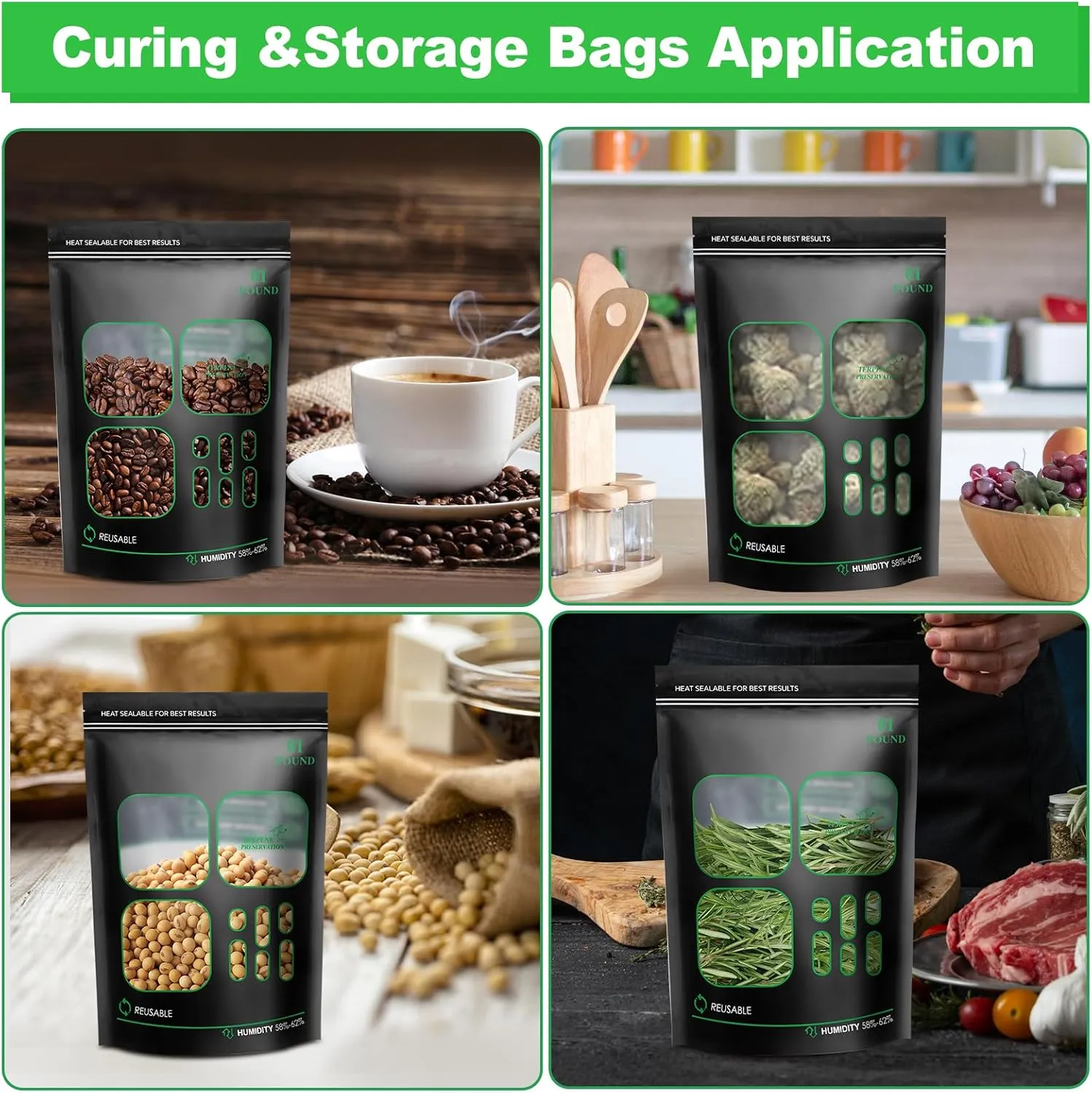 16 PCS 1POUNDStorage bags with 58%-62% 2-Way Humidity Control,Lock & Seal Storage Heat Sealable Fresh Bags,Resealable Heat Sealable upright (16)