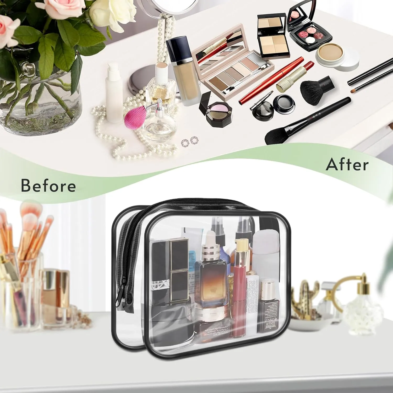 16 Pieces Clear Makeup Bags Bulk, TSA Approved Toiletry Bags Travel Pouch, Waterproof PVC Plastic Small Clear Cosmetic Bags with Zipper for Organizing (Black Border)