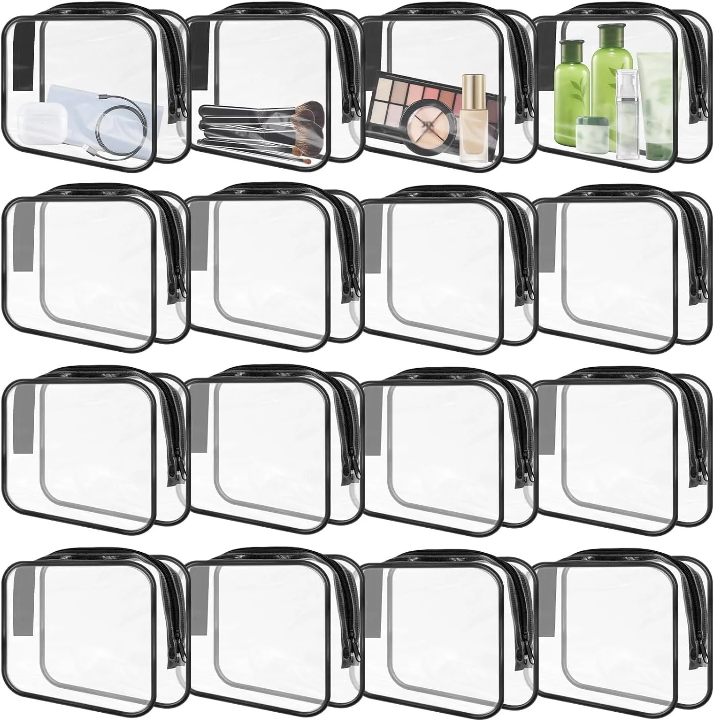 16 Pieces Clear Makeup Bags Bulk, TSA Approved Toiletry Bags Travel Pouch, Waterproof PVC Plastic Small Clear Cosmetic Bags with Zipper for Organizing (Black Border)
