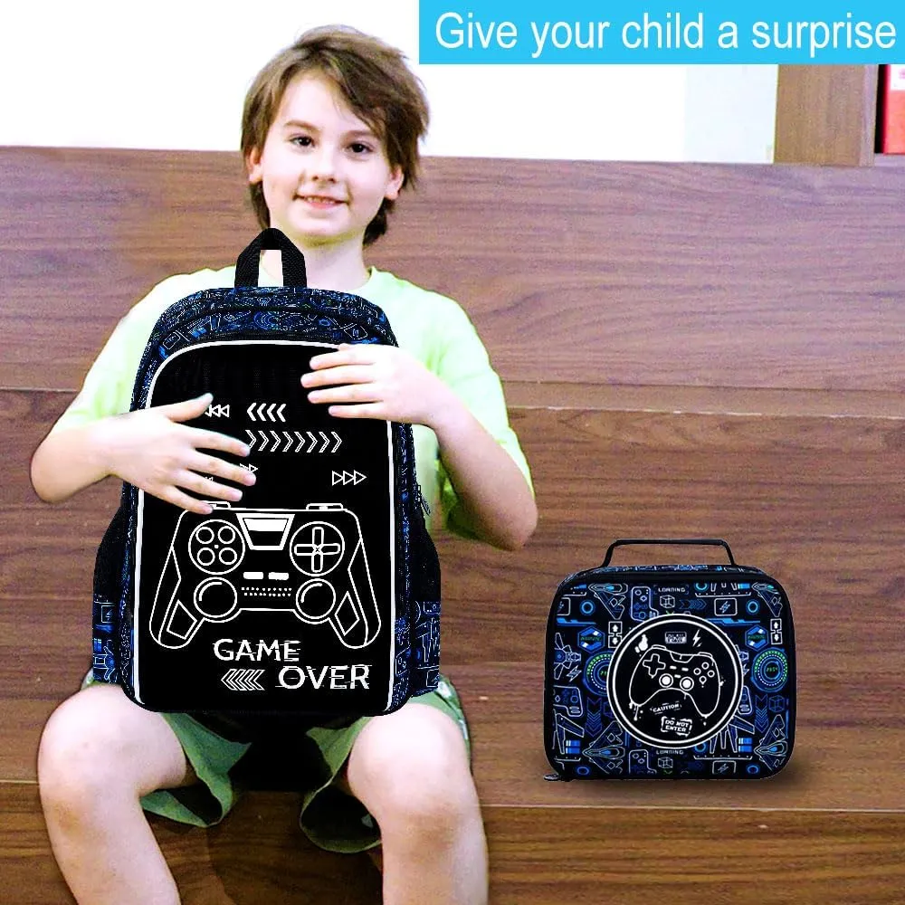 17 Inches Glow in The Dark Gamer Backpack for Boys, 3Pcs video Game School Bookbag Set for Teens, Laptop Backpacks with Lunch Bag(Blue)