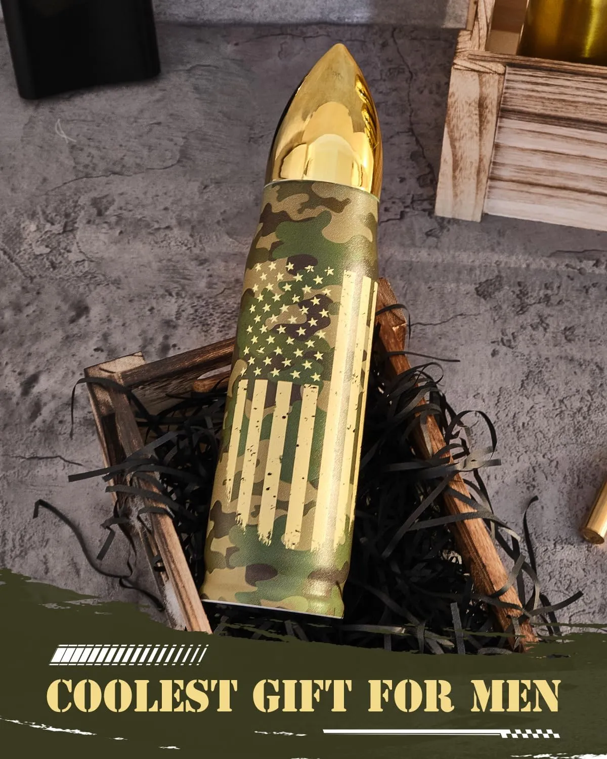17oz Camo American Flag Bullet Tumbler, Camouflage Bullet Thermos for Men Who Have Everything, Cool Birthday Gifts for Men Dad, Unique Gag Gifts for Brother Husband Him