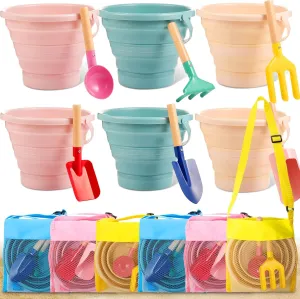 18 Pcs Collapsible Beach Toys Collapsible Sand Bucket Seashell Bags Beach Tools Metal Garden Tools Cylinder Spoon Fork Rake Flat and Pointed Shovel(3 Colors,Morandi)