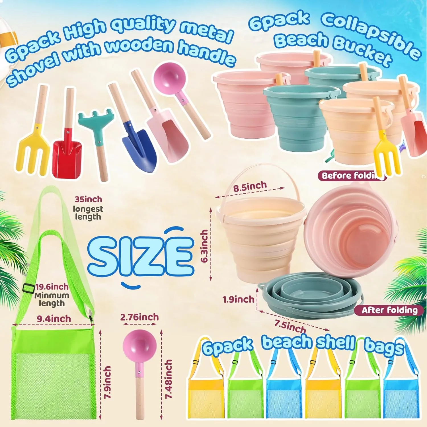 18 Pcs Collapsible Beach Toys Collapsible Sand Bucket Seashell Bags Beach Tools Metal Garden Tools Cylinder Spoon Fork Rake Flat and Pointed Shovel(3 Colors,Morandi)