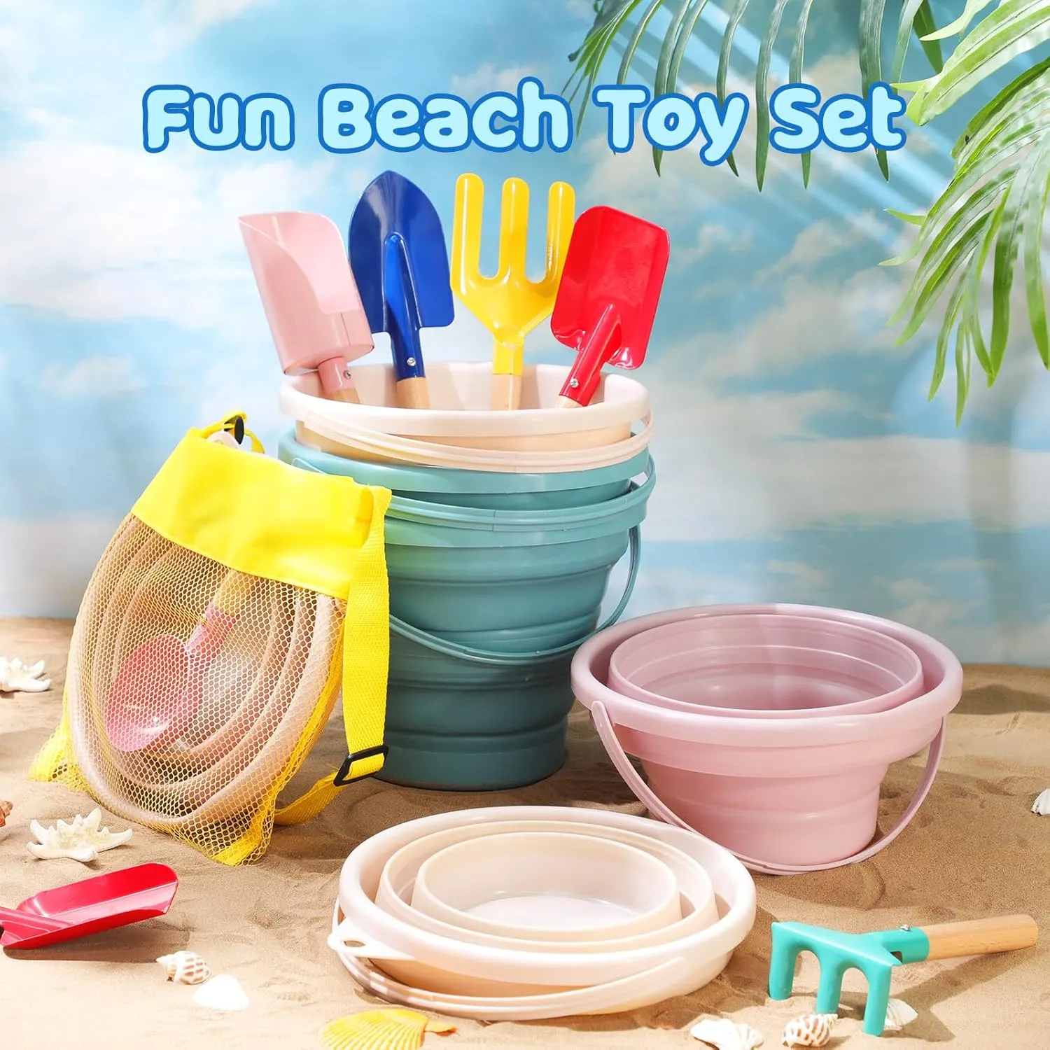 18 Pcs Collapsible Beach Toys Collapsible Sand Bucket Seashell Bags Beach Tools Metal Garden Tools Cylinder Spoon Fork Rake Flat and Pointed Shovel(3 Colors,Morandi)