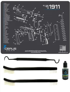 1911 5 PC EDOG Cerus Gear Schematic (Exploded View) Heav Duty Pistol Cleaning 12x17 Padded Gun-Work Surface Protector Mat Solvent & Oil Resistant & 3 PC Cleaning Essentials & Clenzoil